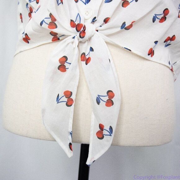 NWT kate spade Cherry toss tie-front top, French cream, all cotton - Picture 6 of 10